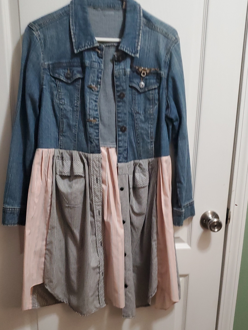 Denim Jacket Dress with Pink & Black-White Stripe Skirt